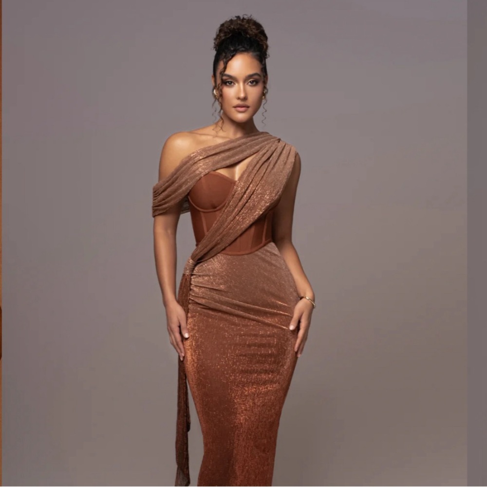 Gold Celestina Draped Maxi Dress size Small. Used once, basically brand new!